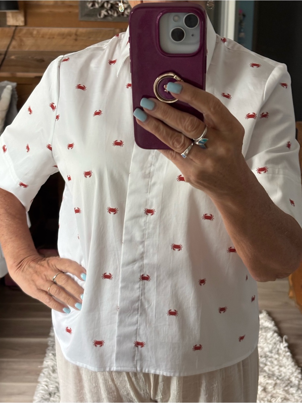 Women’s White Short-Sleeve Shirt with Red Crab Print